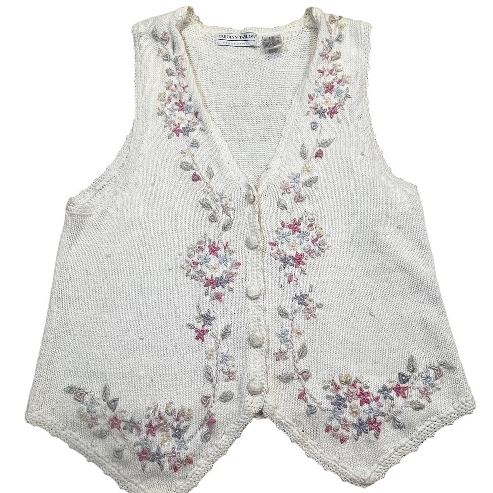 Carolyn Taylor Knit Sweater Vest Womens S Cream Floral Button‎ Cottagecore